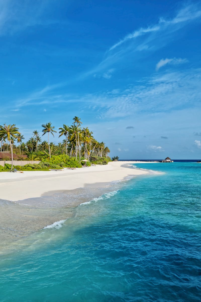 Experience the serene beauty of Maldives with turquoise waters and white sandy beach under a clear blue sky.