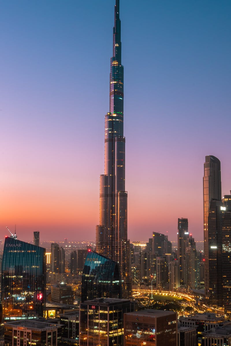 Captivating sunrise over Dubai's skyline with the iconic Burj Khalifa standing tall.